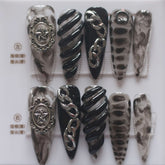 Vibeficant Progel Black Halo Dyeing Handmade Gel Press on Nails Long Stiletto Silver Star Badge Design
